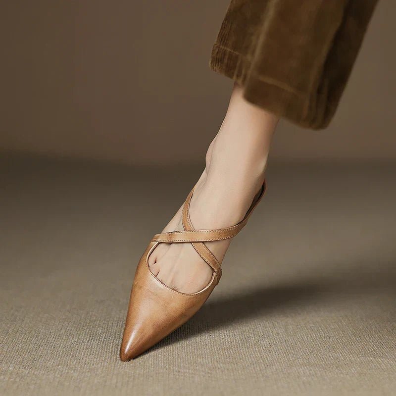 Leather Mules Cross-Strap Pointed Toe Low Heel Slip-On