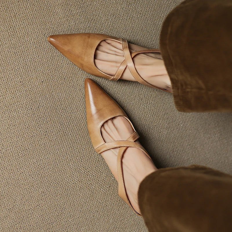 Leather Mules Cross-Strap Pointed Toe Low Heel Slip-On