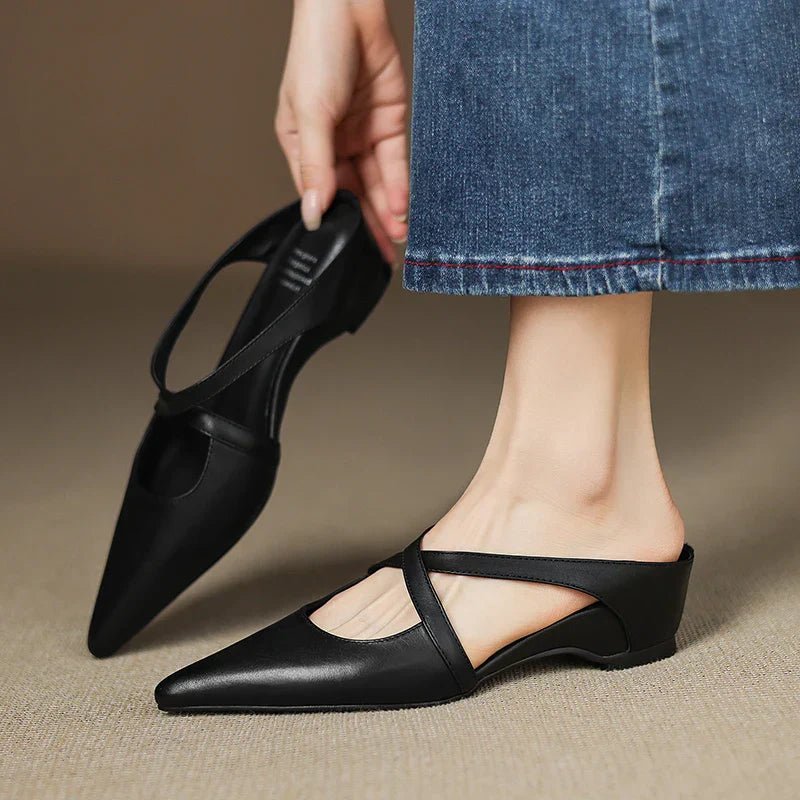 Leather Mules Cross-Strap Pointed Toe Low Heel Slip-On - Black
