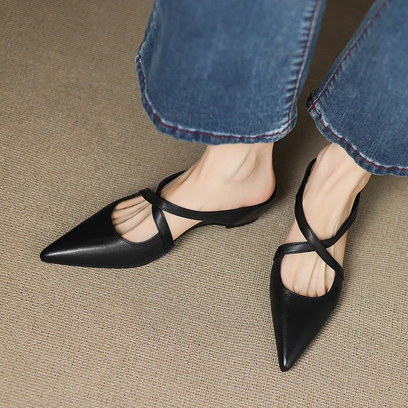 Leather Mules Cross-Strap Pointed Toe Low Heel Slip-On
