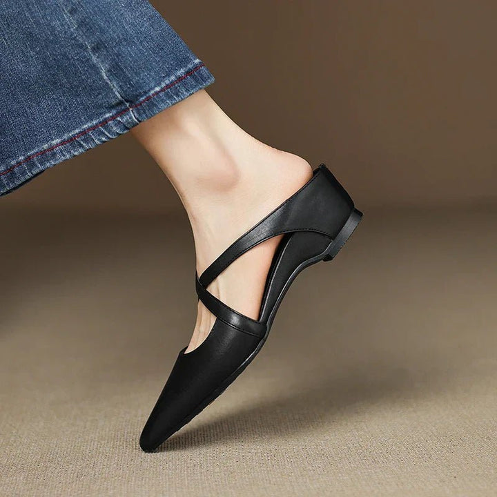 Leather Mules Cross-Strap Pointed Toe Low Heel Slip-On