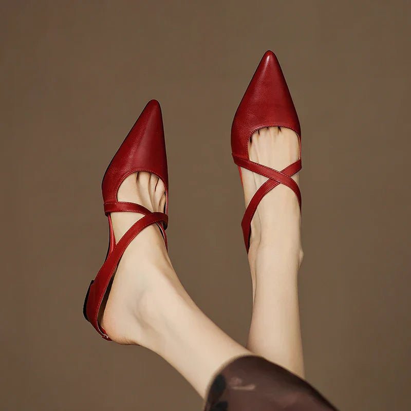 Leather Mules Cross-Strap Pointed Toe Low Heel Slip-On