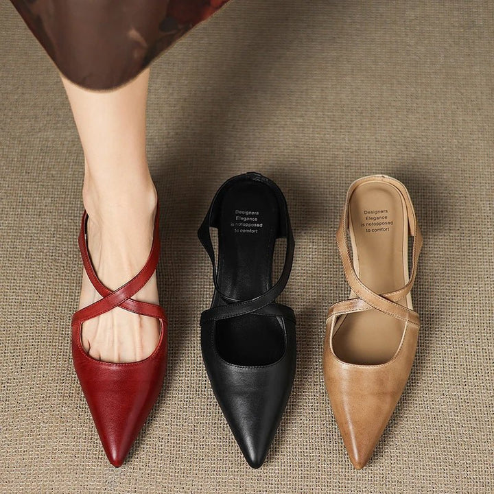 Leather Mules Cross-Strap Pointed Toe Low Heel Slip-On