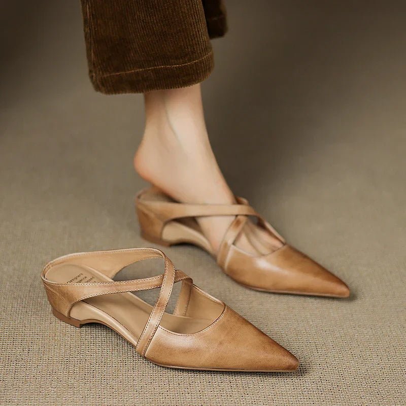 Leather Mules Cross-Strap Pointed Toe Low Heel Slip-On - Apricot