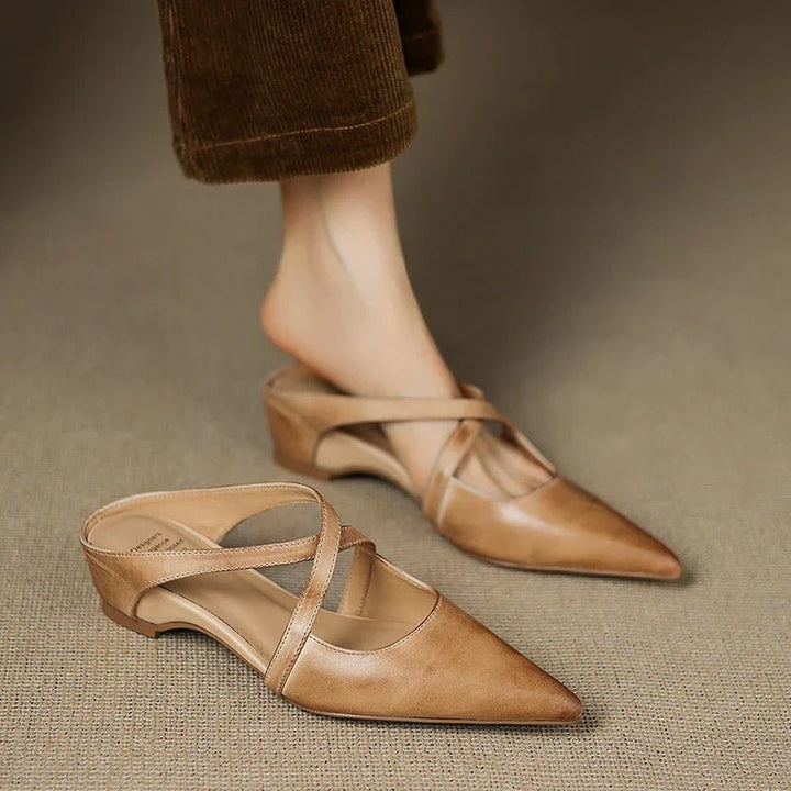 Leather Mules Cross-Strap Pointed Toe Low Heel Slip-On - Apricot