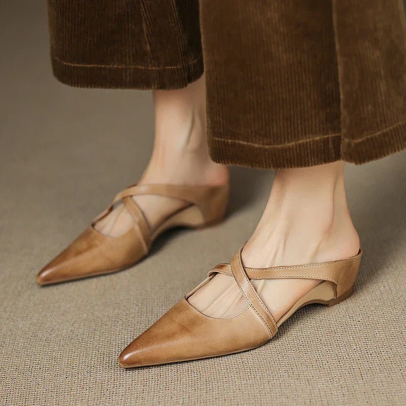 Leather Mules Cross-Strap Pointed Toe Low Heel Slip-On