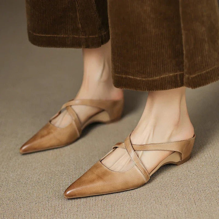 Leather Mules Cross-Strap Pointed Toe Low Heel Slip-On