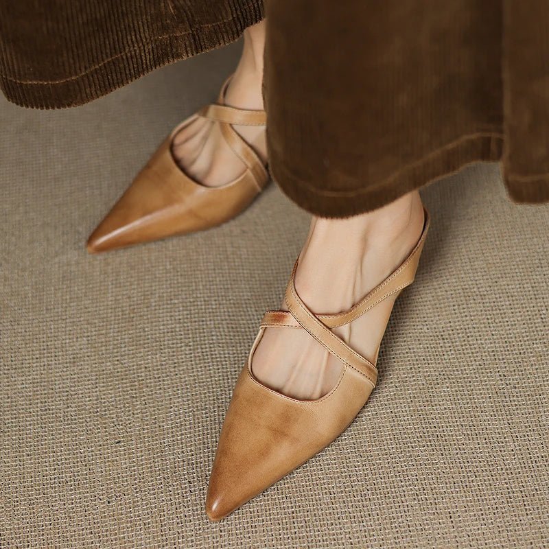Leather Mules Cross-Strap Pointed Toe Low Heel Slip-On