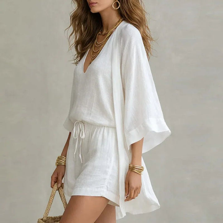 Linen 3 Piece Set V-Neck Top Drawstring Shorts Kimono