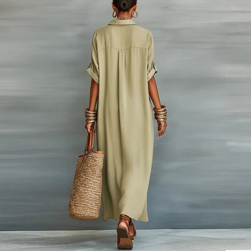 Linen Maxi Shirt Dress Button Down Short Sleeve Relaxed