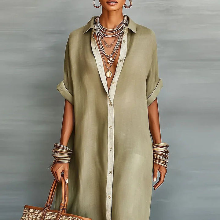 Linen Maxi Shirt Dress Button Down Short Sleeve Relaxed