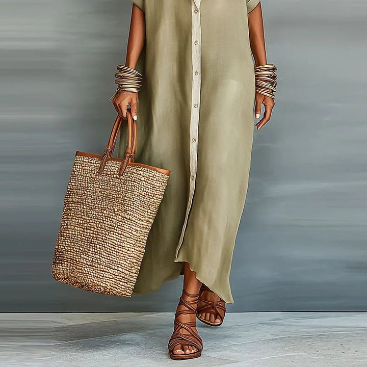 Linen Maxi Shirt Dress Button Down Short Sleeve Relaxed