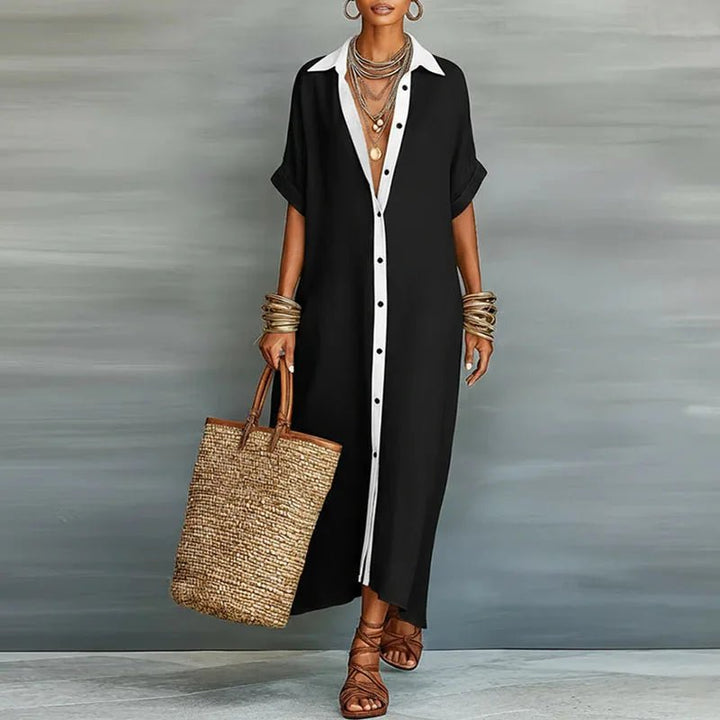 Linen Maxi Shirt Dress Button Down Short Sleeve Relaxed - Black