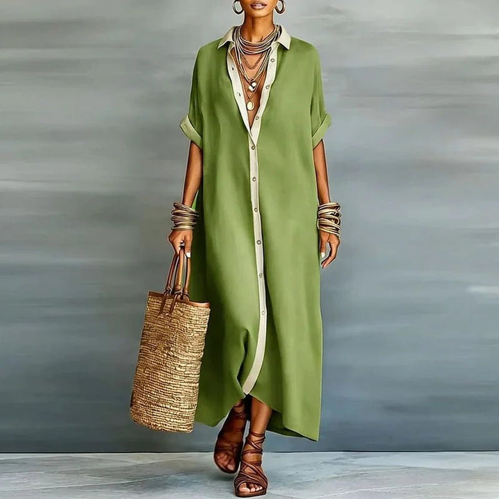 Linen Maxi Shirt Dress Button Down Short Sleeve Relaxed - Green