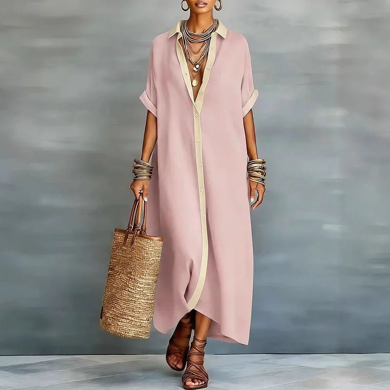 Linen Maxi Shirt Dress Button Down Short Sleeve Relaxed - Pink
