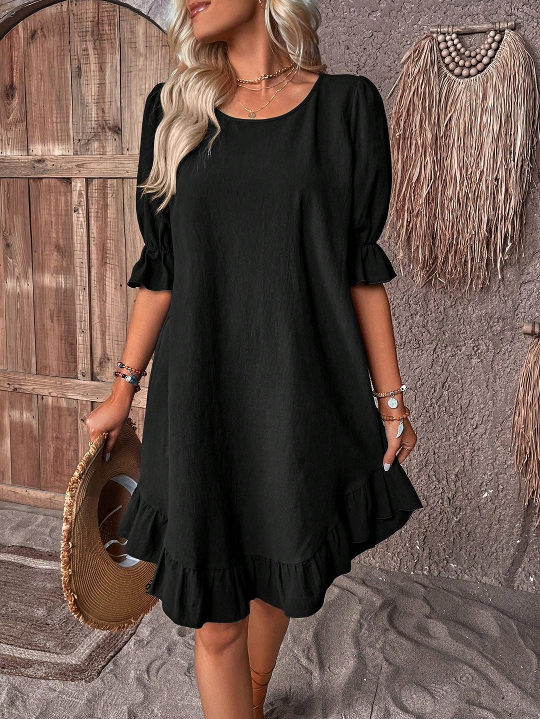 Linen Ruffle Mini Dress A-Line Puff Sleeve Summer - Black