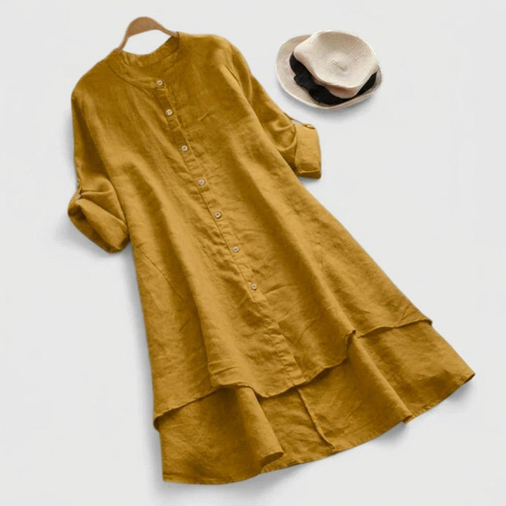 Linen Shirt Dress Button-Down Layered Hem - Mustard
