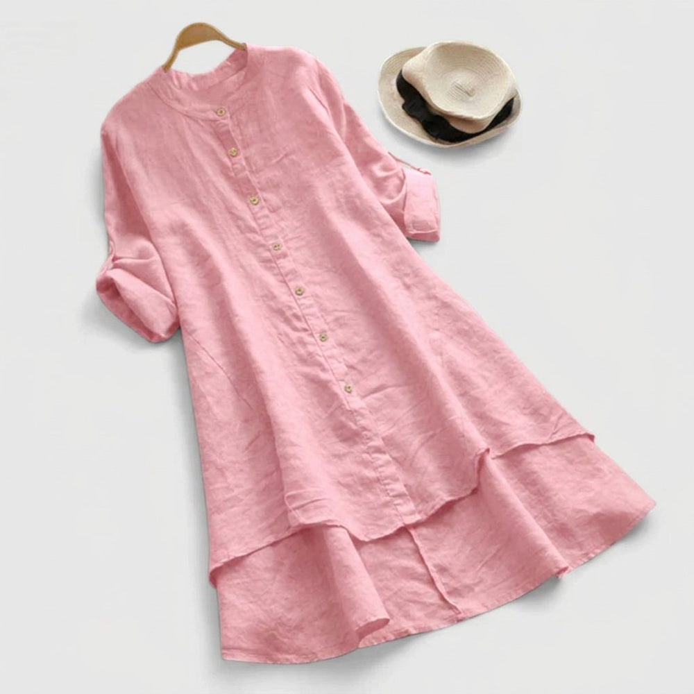 Linen Shirt Dress Button-Down Layered Hem - Pink