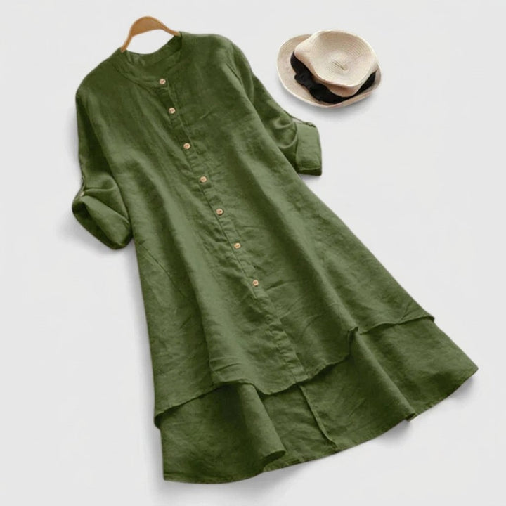 Linen Shirt Dress Button-Down Layered Hem - Army Green