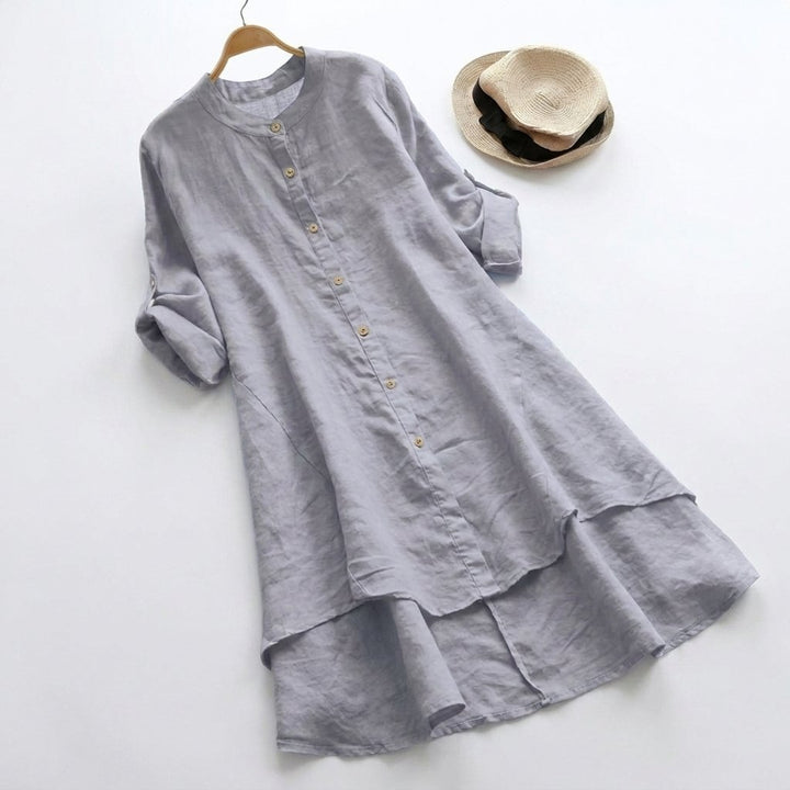 Linen Shirt Dress Button-Down Layered Hem - Light Gray
