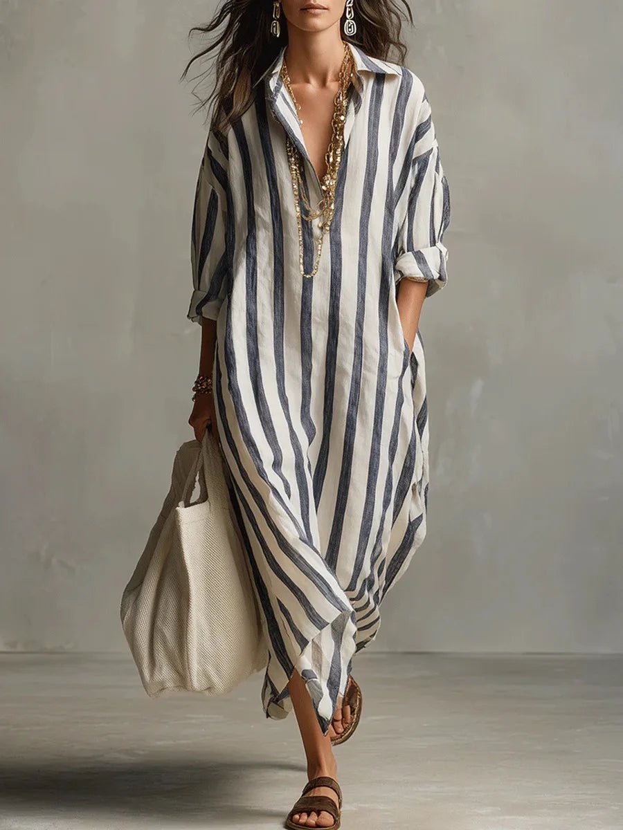 Linen Shirt Dress V-Neck Striped Maxi Long Sleeve Loose Fit - Blue