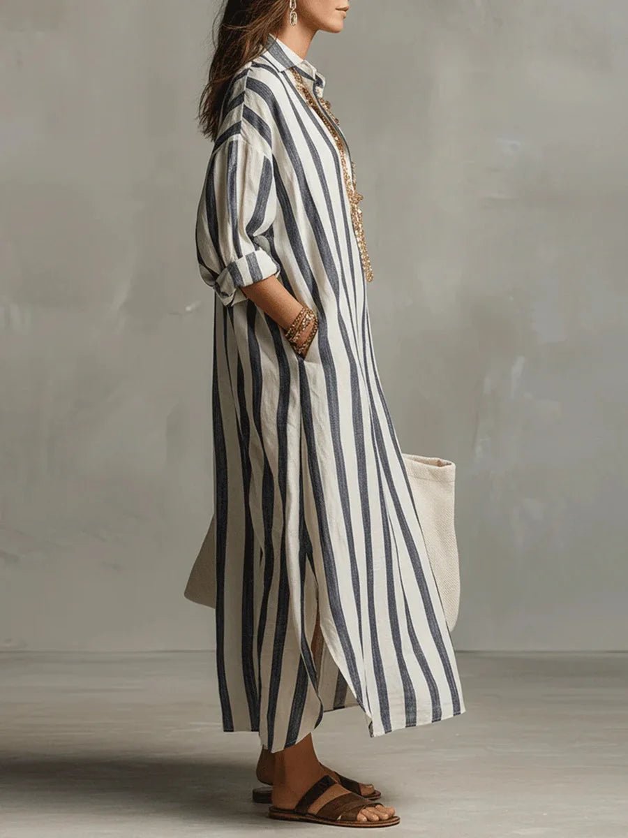 Linen Shirt Dress V-Neck Striped Maxi Long Sleeve Loose Fit