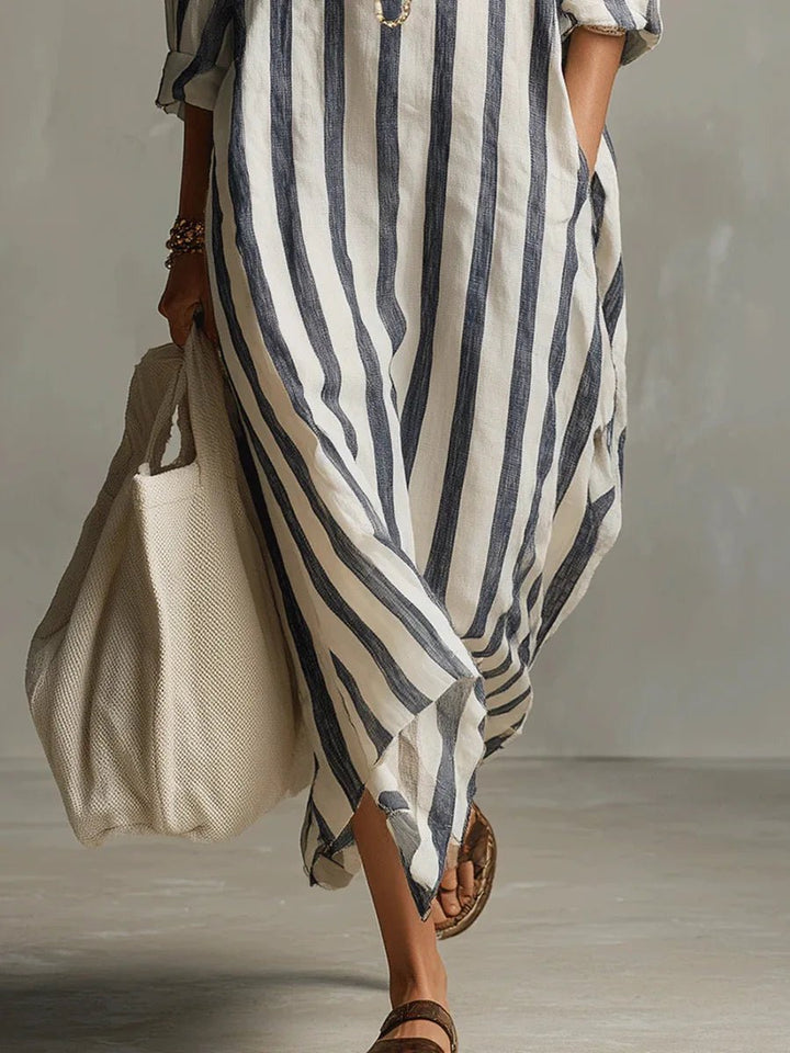 Linen Shirt Dress V-Neck Striped Maxi Long Sleeve Loose Fit