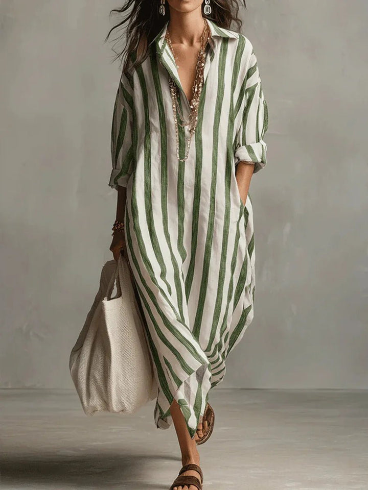 Linen Shirt Dress V-Neck Striped Maxi Long Sleeve Loose Fit - Green