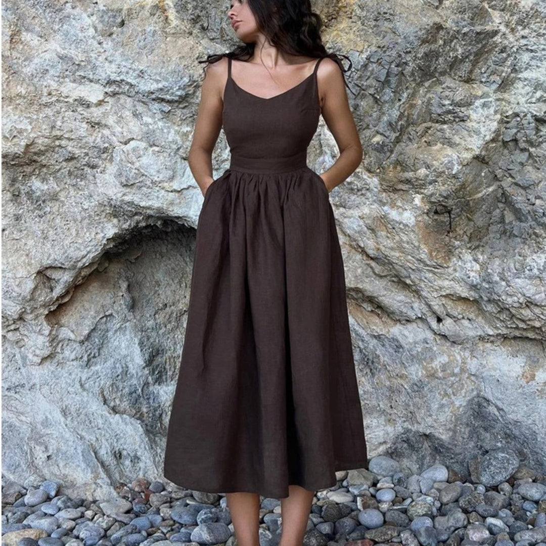 Linen Sleeveless Maxi Dress A-Line Open Back Adjustable Tie - Black