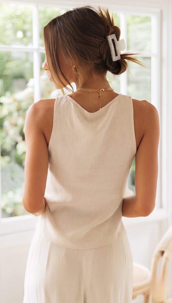 Linen Two-Piece Set V-Neck Crop Top Wide-Leg Pants