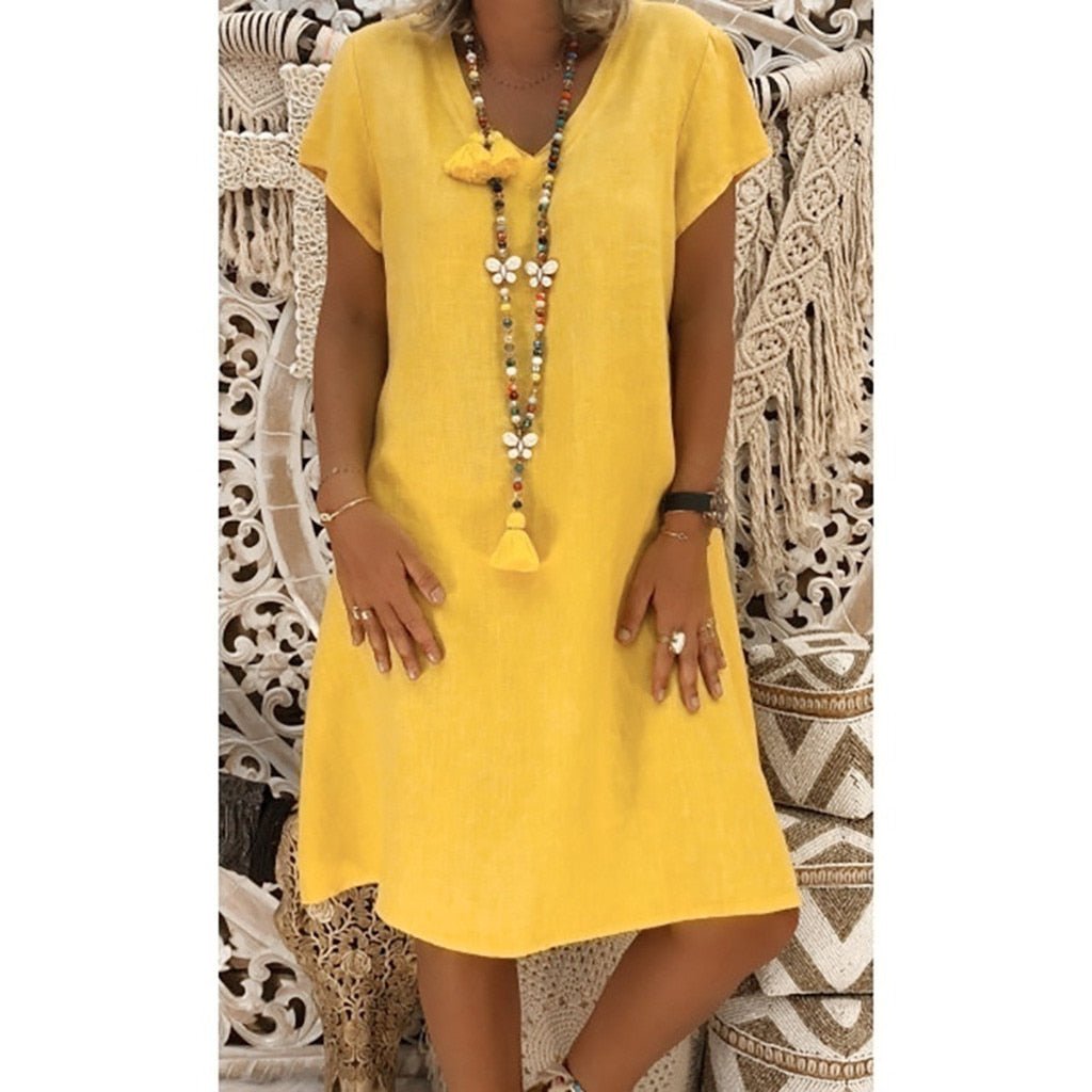 Linen V-Neck A-Line Mini Dress Short Sleeve Summer - Gelb