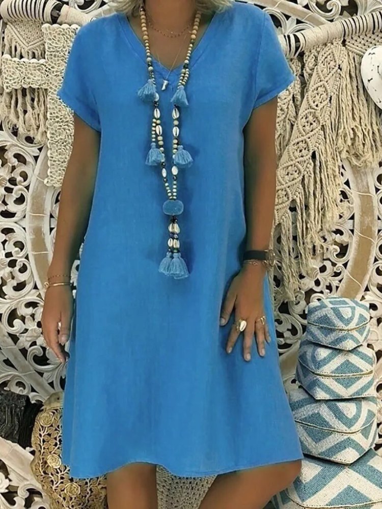 Linen V-Neck A-Line Mini Dress Short Sleeve Summer - Blau