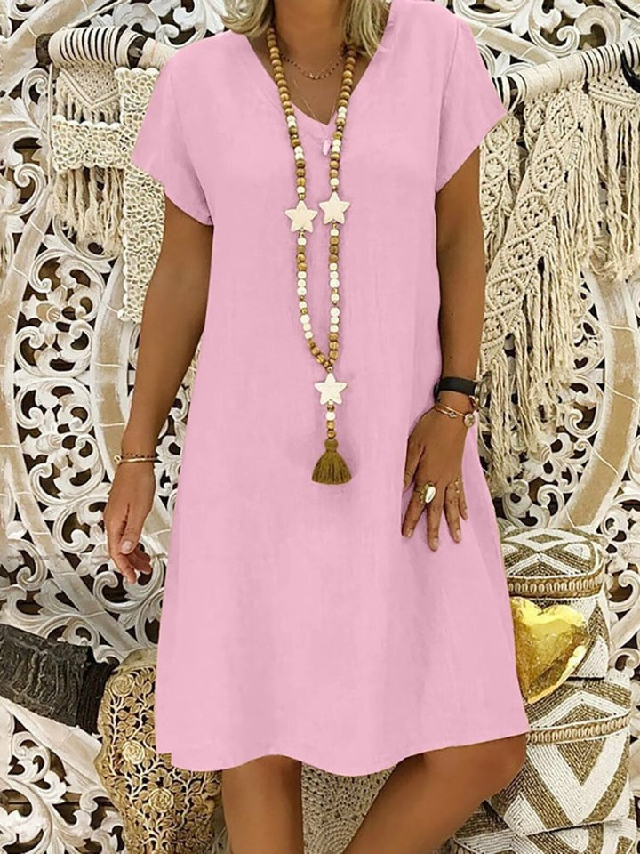 Linen V-Neck A-Line Mini Dress Short Sleeve Summer
