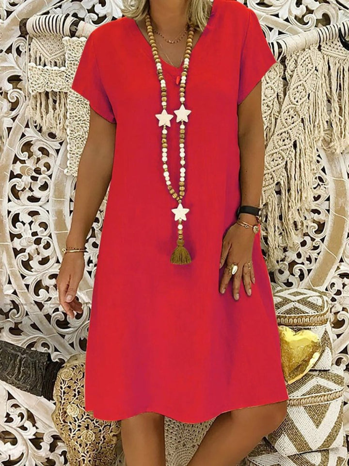 Linen V-Neck A-Line Mini Dress Short Sleeve Summer - Rot