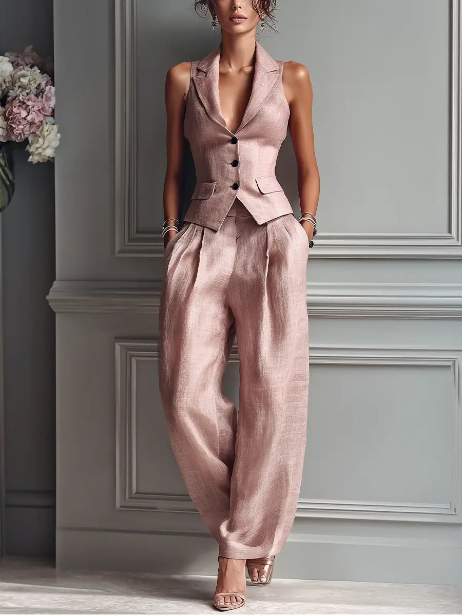 Linen Vest Wide Leg Pants Set Sleeveless Lapel