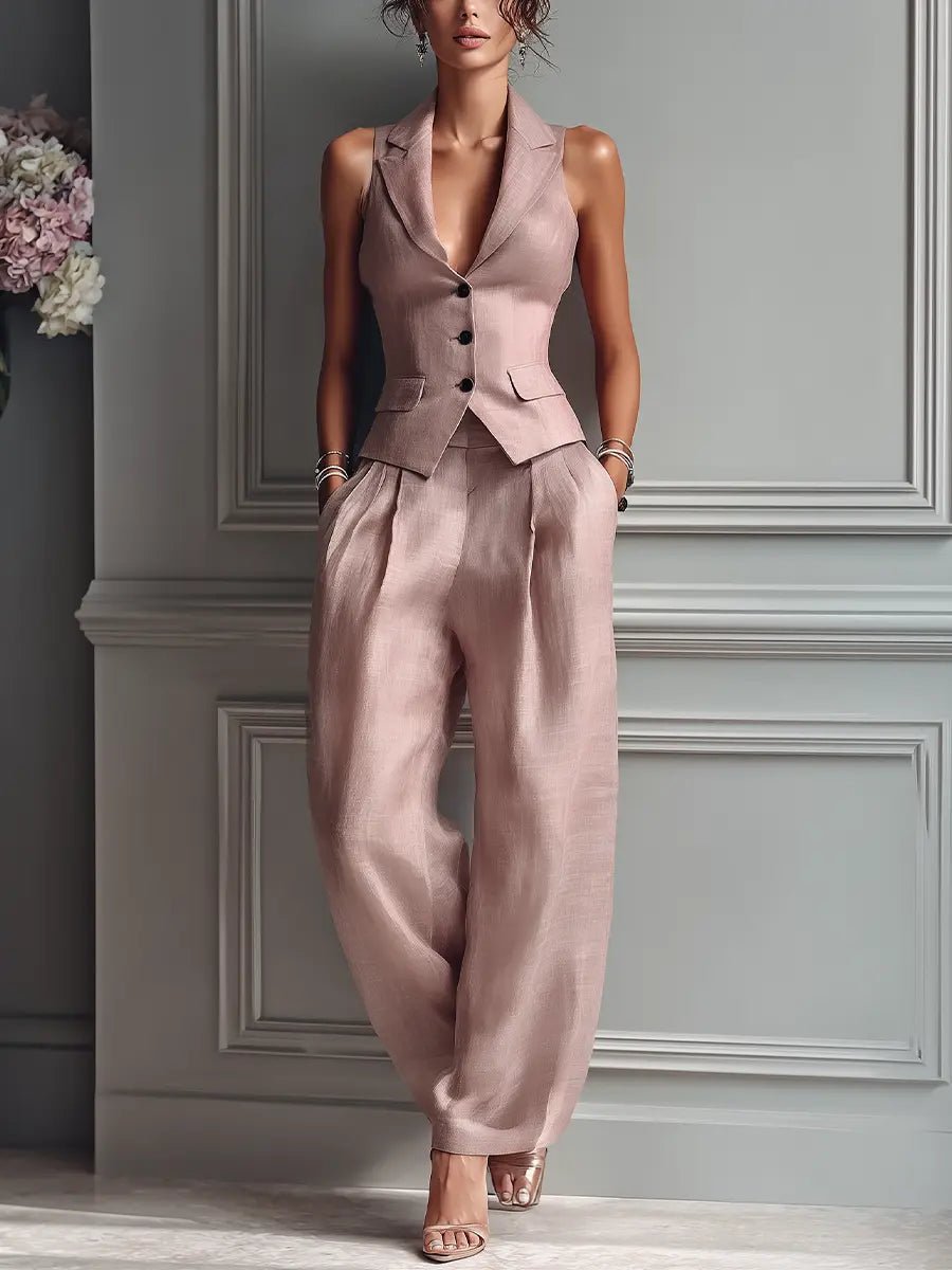 Linen Vest Wide Leg Pants Set Sleeveless Lapel - Blush Pink