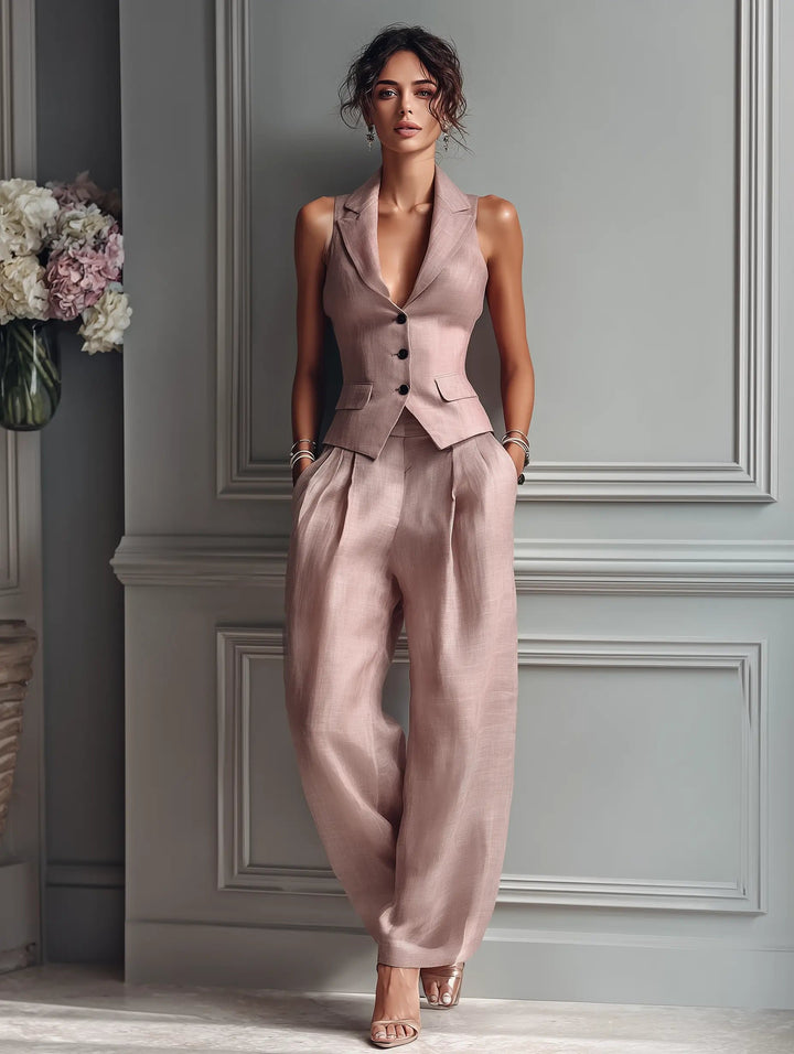 Linen Vest Wide Leg Pants Set Sleeveless Lapel