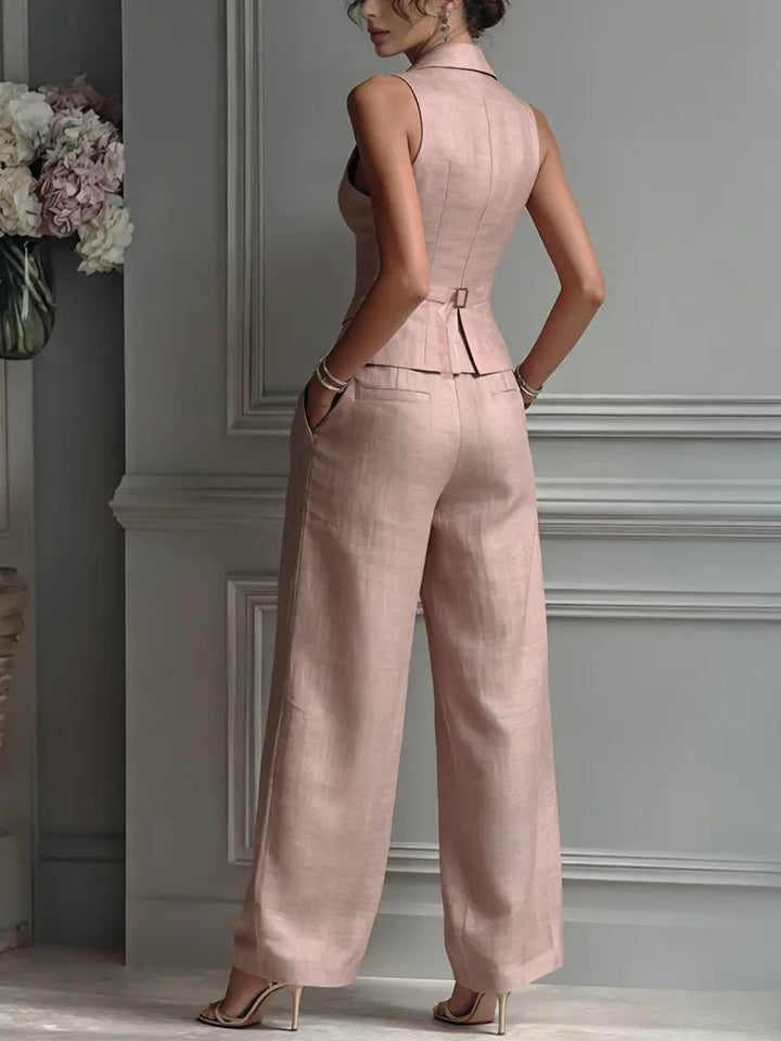Linen Vest Wide Leg Pants Set Sleeveless Lapel