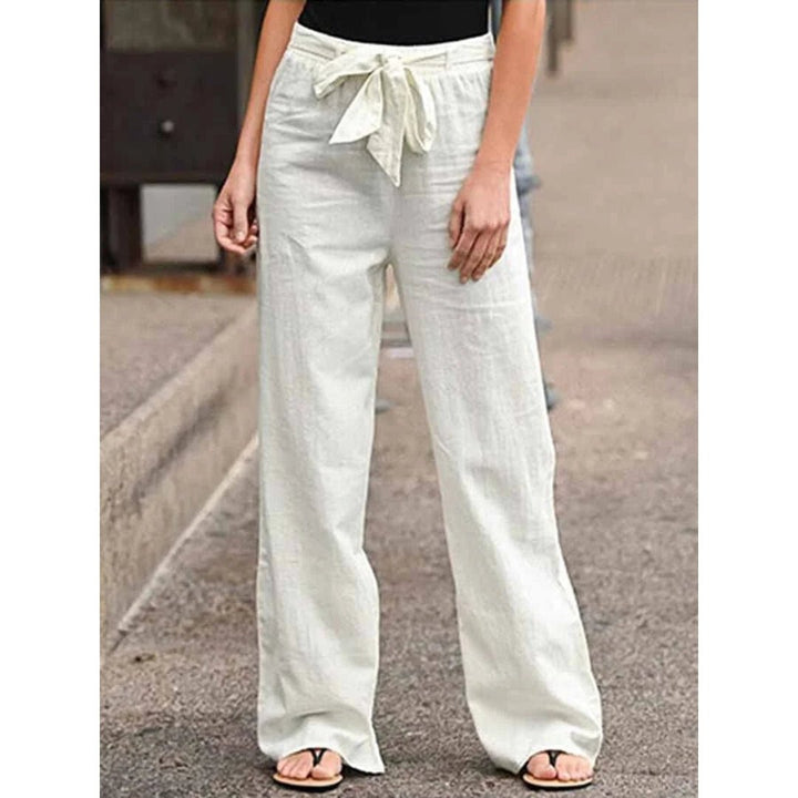 Linen Wide Leg Palazzo Pants Drawstring Waist Casual - Cream