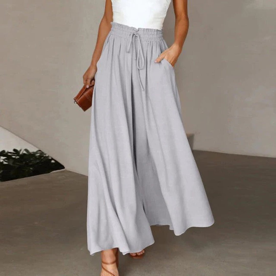 Linen Wide Leg Pants High Waist Drawstring A-Line Pockets - Gray
