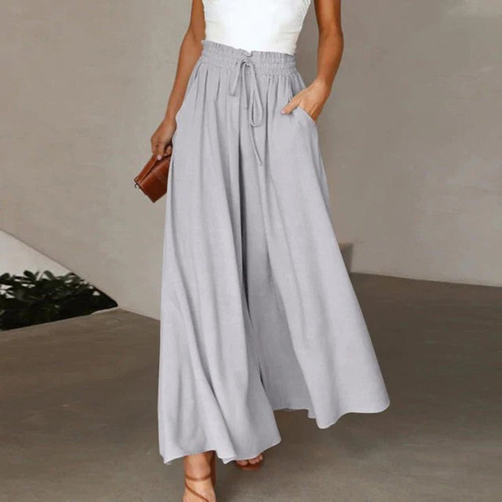 Linen Wide Leg Pants High Waist Drawstring A-Line Pockets - Gray