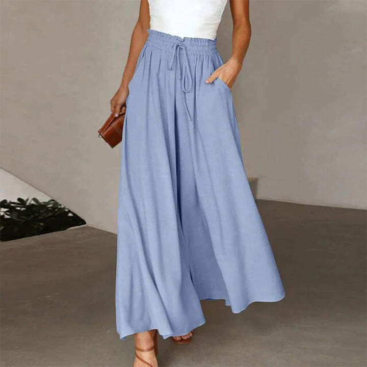 Linen Wide Leg Pants High Waist Drawstring A-Line Pockets - Blue
