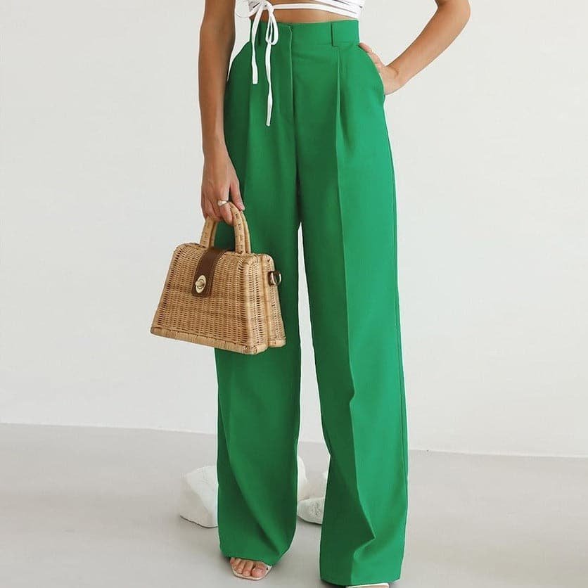 Linen Wide-Leg Pants High-Waisted Pleated Elegant - Green