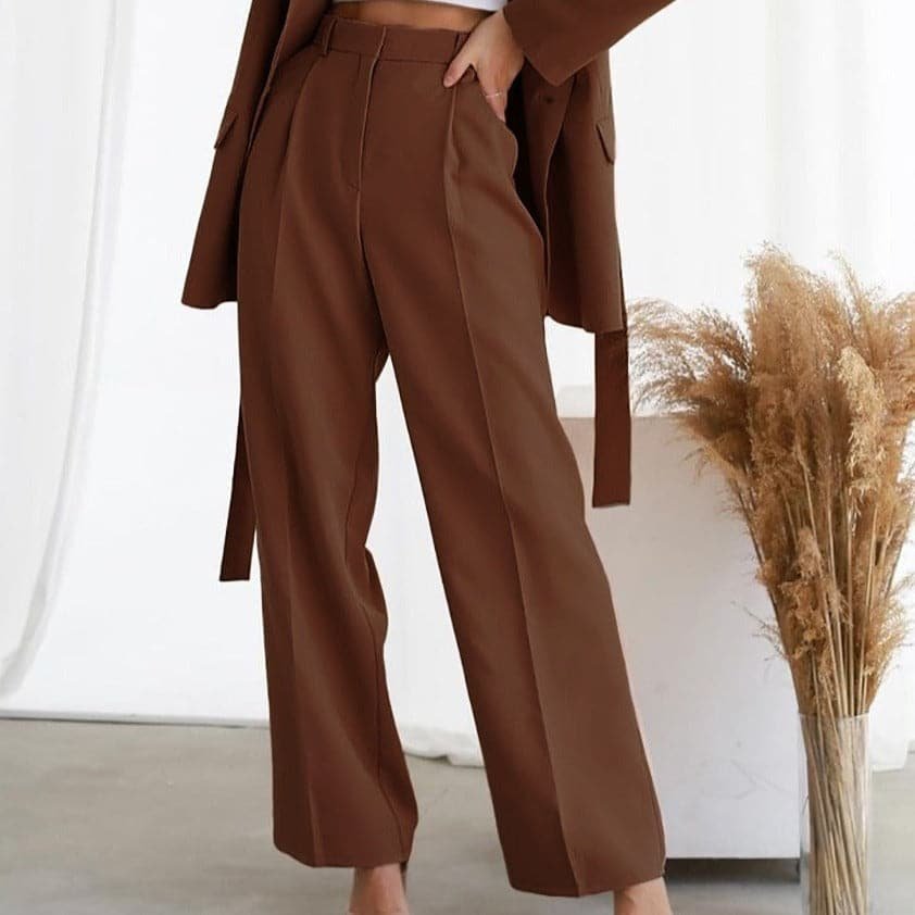 Linen Wide-Leg Pants High-Waisted Pleated Elegant - Brown