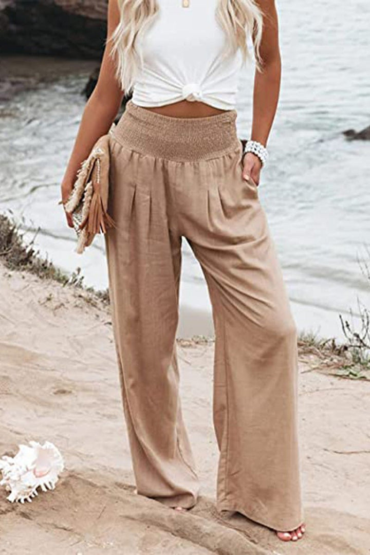 Linen Wide Leg Pants High Waisted Smocked Waist Flowing