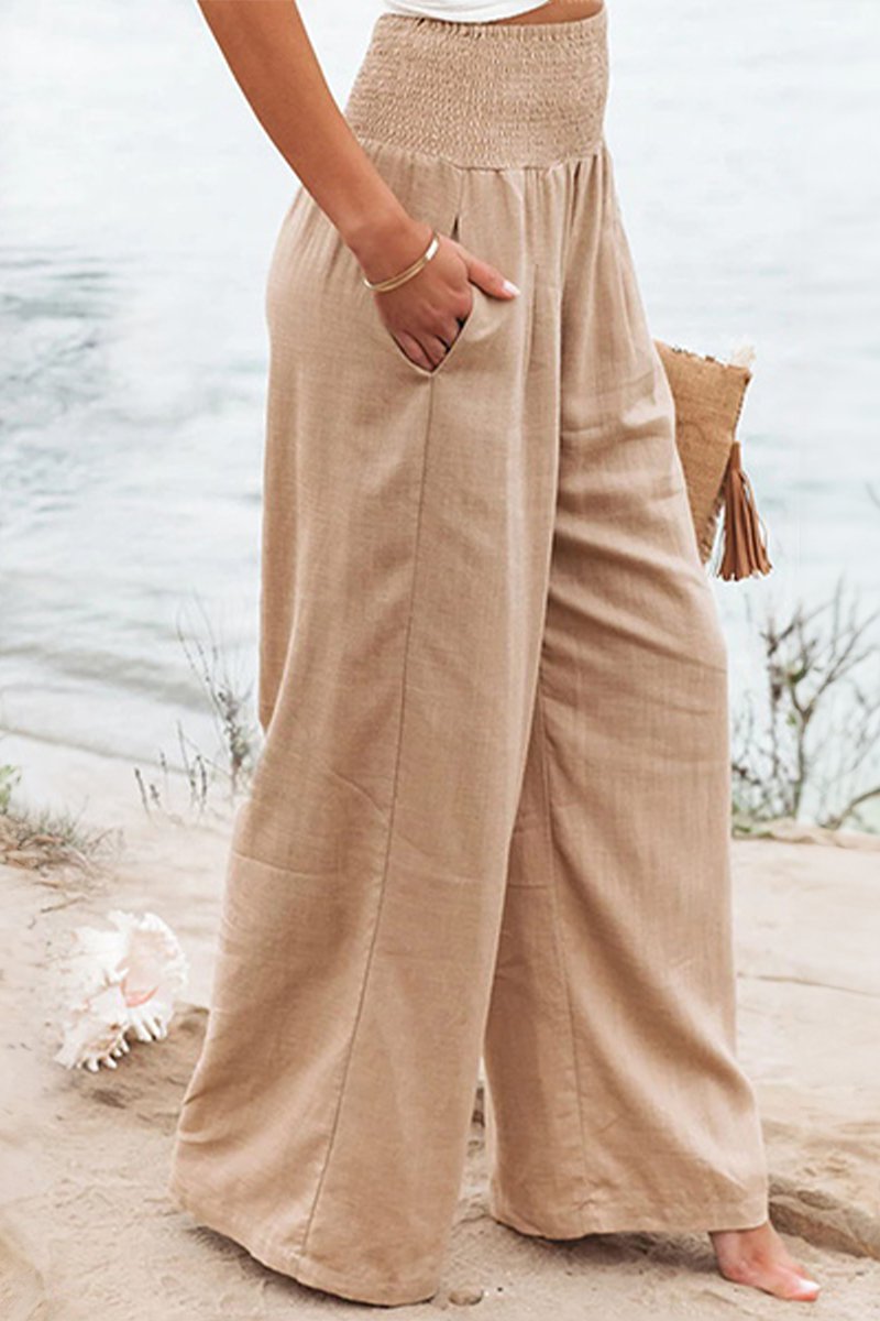 Linen Wide Leg Pants High Waisted Smocked Waist Flowing