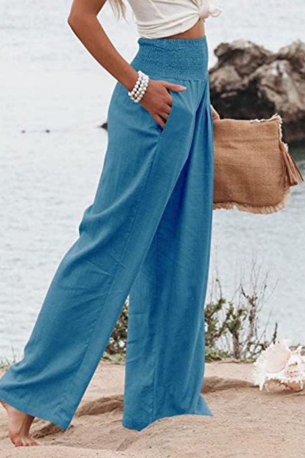Linen Wide Leg Pants High Waisted Smocked Waist Flowing - Peacock Blue
