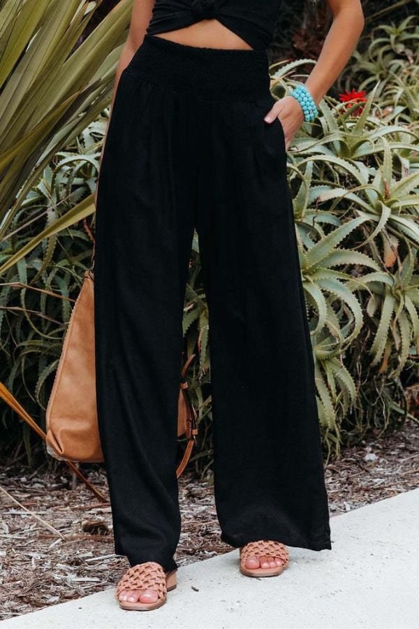Linen Wide Leg Pants High Waisted Smocked Waist Flowing - Black
