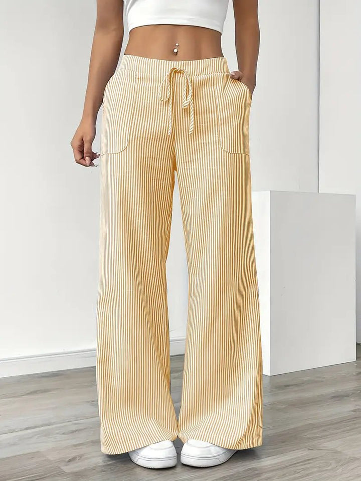 Linen Wide Leg Striped Pants Drawstring Waist Pockets - Yellow