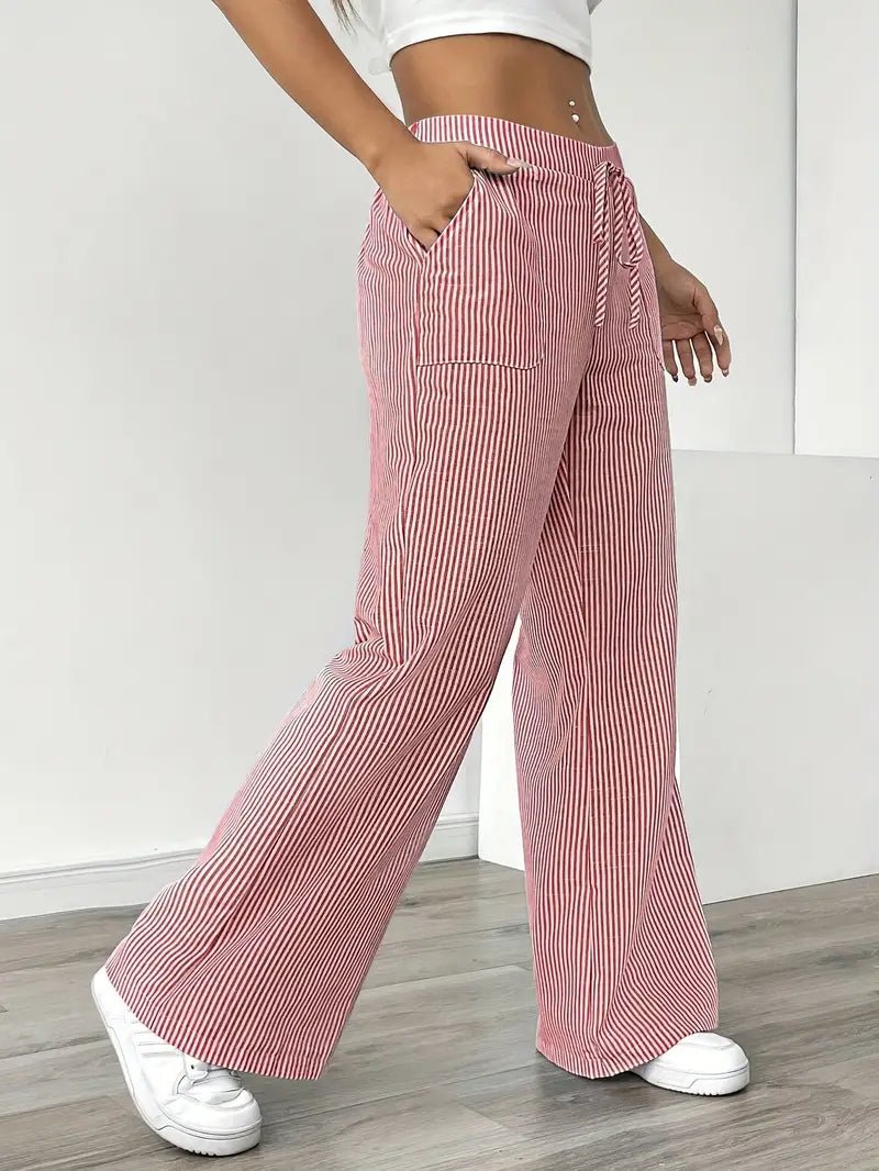 Linen Wide Leg Striped Pants Drawstring Waist Pockets